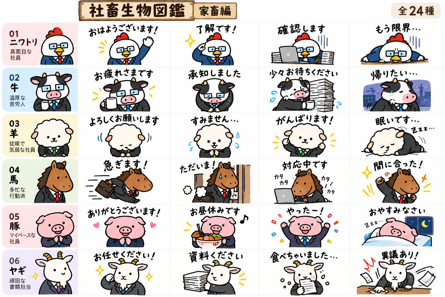 社畜生物図鑑 家畜編。スーツを着た動物たちの仕事の挨拶スタンプ